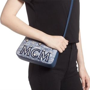 NEW!! MCM Blue Vintage Monogram Jacquard Aren Mini Shoulder Bag